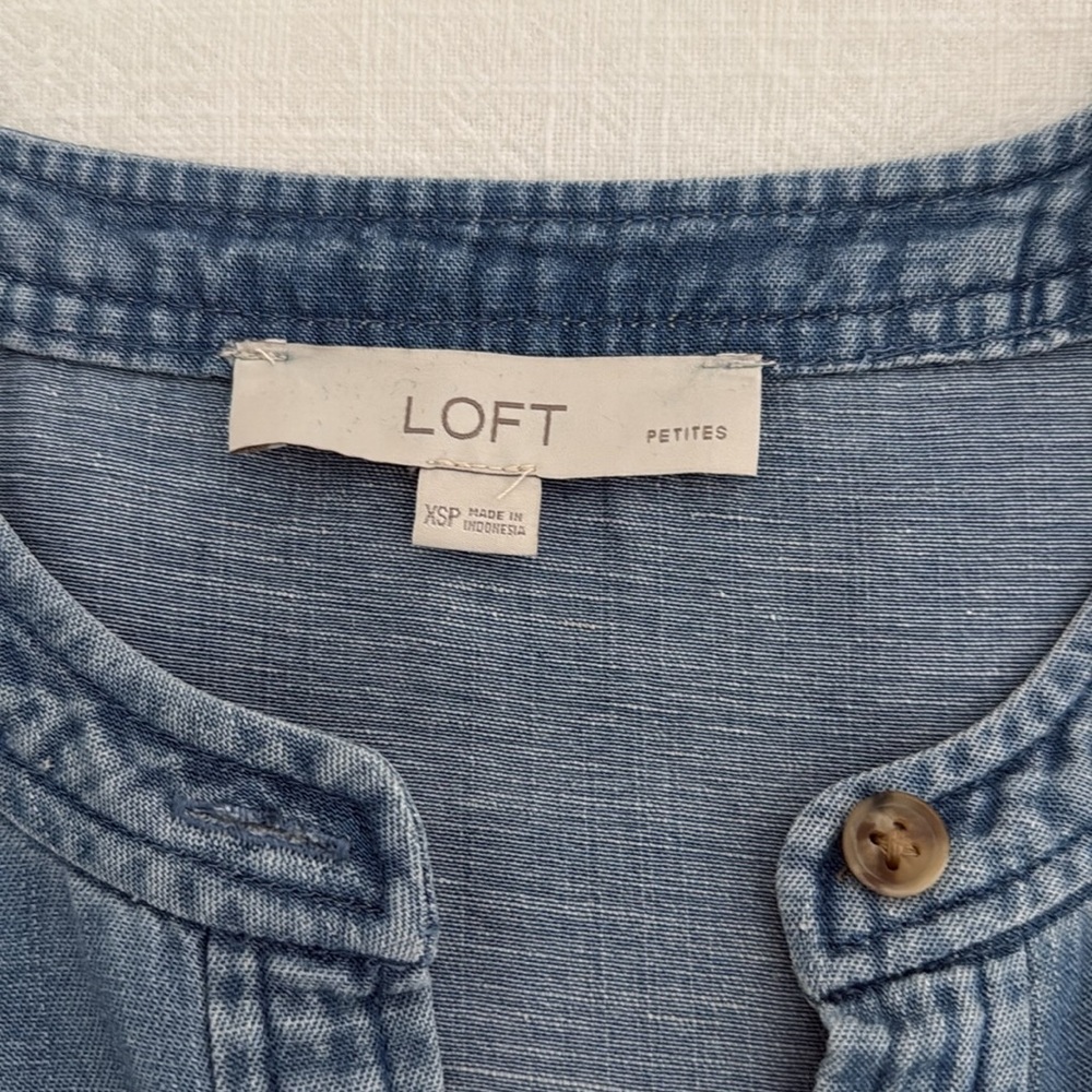 LOFT Denim Ruffle Button Mini Dress - Picture 3 of 4
